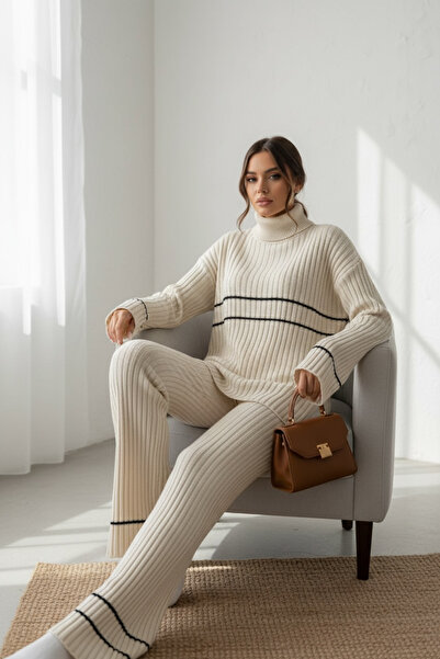 NEWCO Ecru Stripe Detailed Fisherman's Turtleneck Corded Fabric Knitwear Two-Piece Set Comfortable Fit