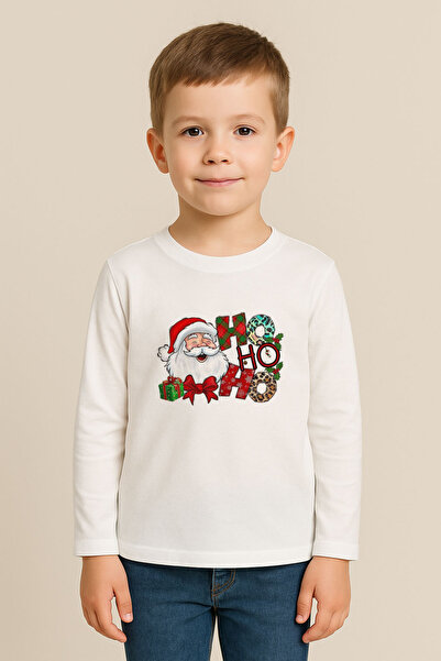 MODA Yeni Yıl Yılbaşı Noel Baba Christmas Baskılı Bisiklet Yaka Çocuk Uzun Ko...