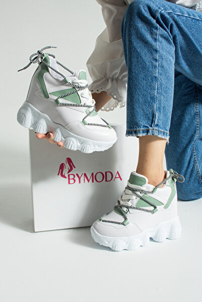 Bymoda New Season White Green Hidden Wedge Heel Sneakers Heel Height Total 10 cm