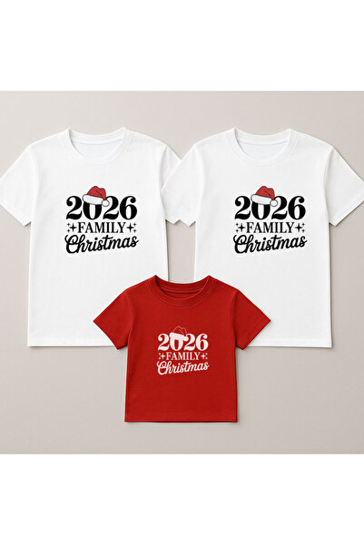 MODA 2026 Yeni Yıl Yılbaşı Noel Baba Temalı Baskılı Anne Baba Çocuk Aile Tişört Kombin