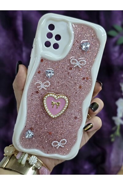 Magic Ring Samsung Galaxy A51 Uyumlu Kalpli Pembe Simli İnci ve Kurdele Detay...