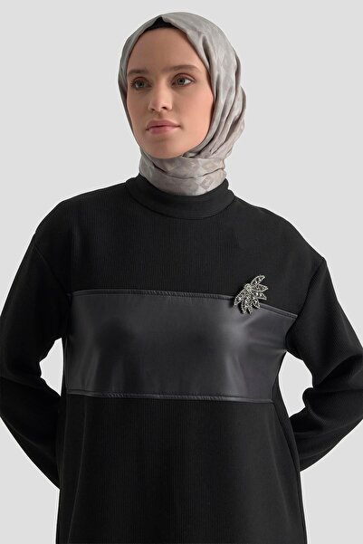 Armine TREND Leather Paneled Brooch Detailed Corded Fabric Tunic Black 25Kt424