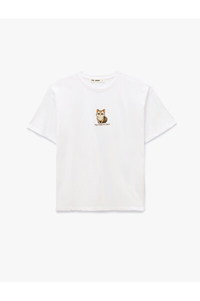 Koton Short Sleeve Crew Neck Cotton Cat Embroidered Oversized T-Shirt