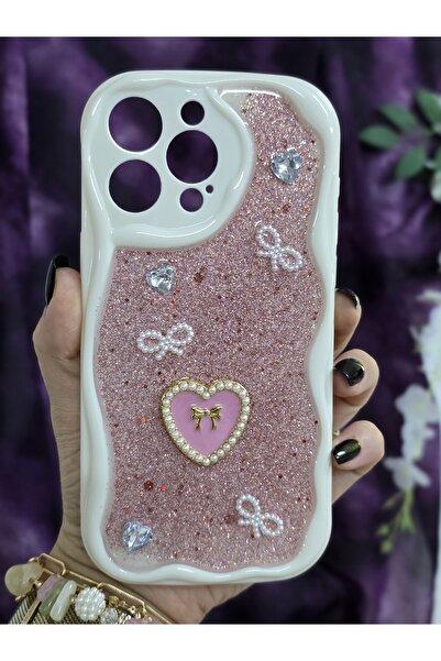 Magic Ring حافظة هاتف أنيقة متوافقة مع آيفون 15 برو ماكس مع تفاصيل لؤلؤية وردية وشريط