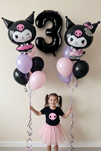 PARTİAVM 3 Yaş Kuromili Balon Set Doğum Günü Balon Set Siyah Rakam Balon Hely...