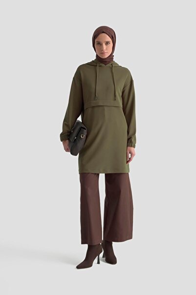 Armine TREND Hooded Side Pockets and Elasticated Sleeves Corded Fabric Tunic Khaki 25Kt462