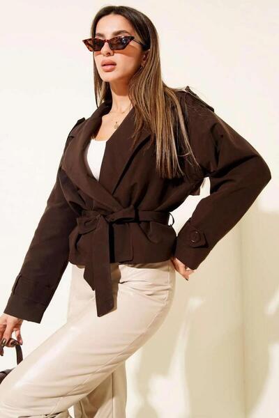 STALİ Kadın Kruvaze Yaka Kuşaklı Trençkot Kahverengi