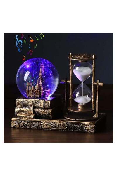 Generic LED Music Crystal Snow Globe with Hourglass Timer - Retro Castle, Color Changing Lights