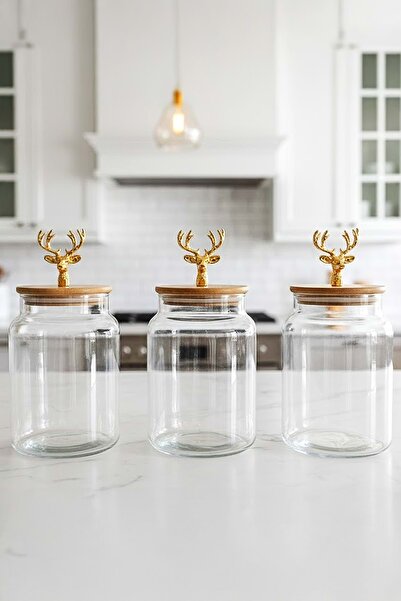 Jenisa Set of 3 Bamboo Lid Metal Deer Figured Jars - Medium Size Storage Container 890Cc - Gold