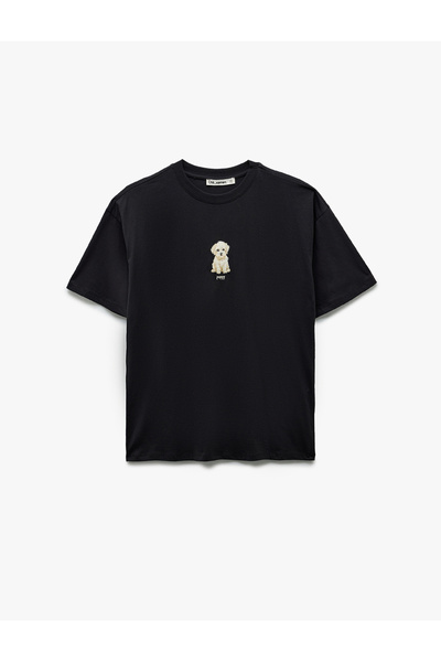 Koton Crew Neck Short Sleeve Dog Embroidered Cotton Oversized T-Shirt