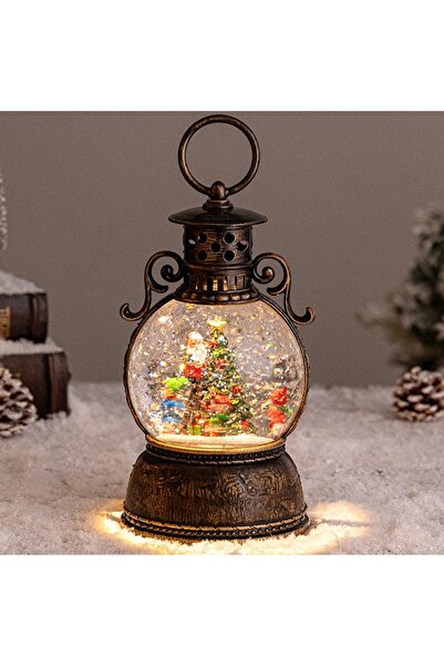 velve Musical Christmas decoration, lantern, moving snow globe and decorated tree, Vintage Brown