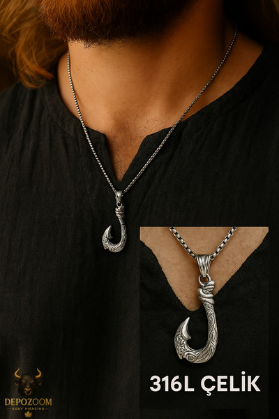 depozoom Erkek Çelik Zincir VE Kolye Ucu - Kanca Paslanmaz 316L Çelik Aksesuar