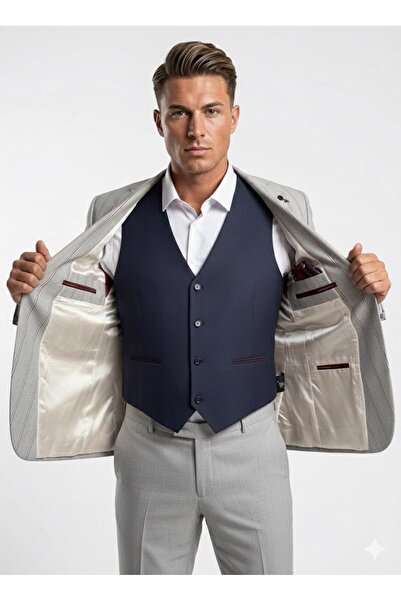 Plus Scorpion Men's Striped Suit 3-Piece Set – Jacket + Vest + Pants – Slim Fit Italian Style