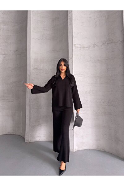 MoonliWear Σετ Πλεκτό Πουκάμισο με Γιακά Βασικό Σετ