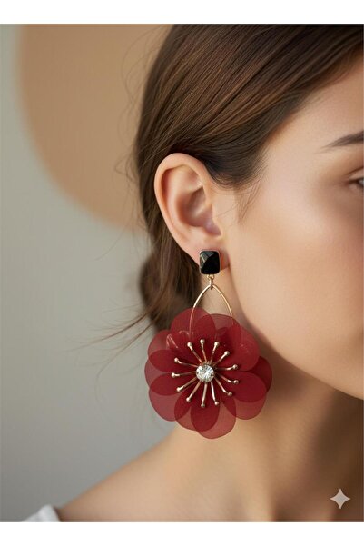 Pelin Aksesuar Burgundy Tulle Detailed Large Flower Dangle Earrings