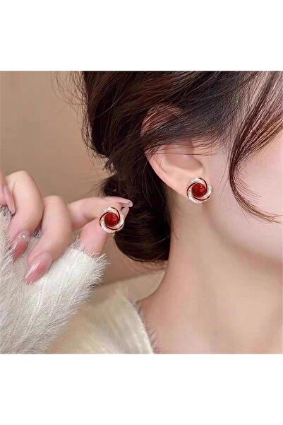Pelin Aksesuar Burgundy Red Stone and Zircon Inlaid Spiral Stud Earrings