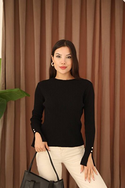 GND Fitilli İncili Düğme Detaylı Bisiklet Yaka Uzun Kollu Triko Kazak