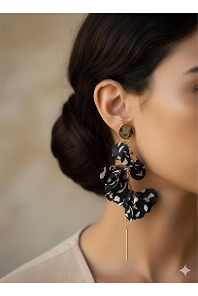 Pelin Aksesuar Black Leopard Patterned Leaf Model Dangle Gold Bar Earrings