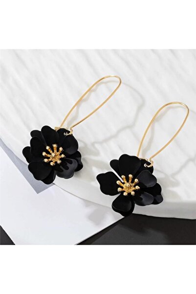Pelin Aksesuar Siyah Mat Yapraklı Büyük Çiçek Uzun Kancalı Küpe