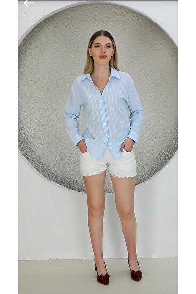 Kadın Buzmavi Oversize Uzun Basic Gömlek