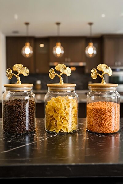 Jenisa Set of 3 Bamboo Lid Ginkgo Figured Jars - Medium Size Storage Container 890ml