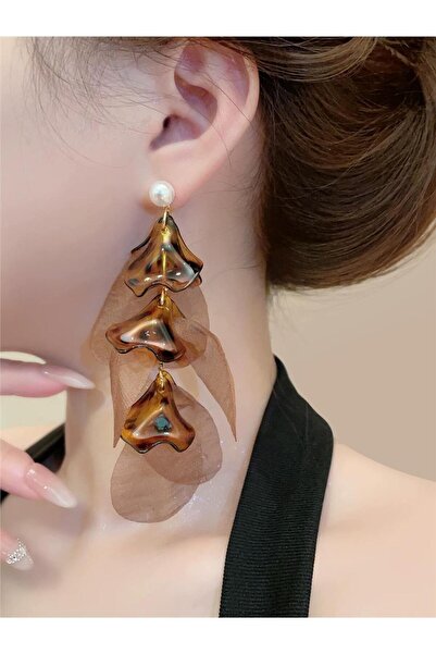 Pelin Aksesuar Long Dangle Brown Leopard Print Acrylic Leaf Earrings