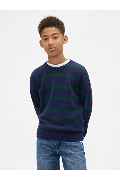 GAP Erkek Çocuk Lacivert Çizgili Bisiklet Yaka Kazak