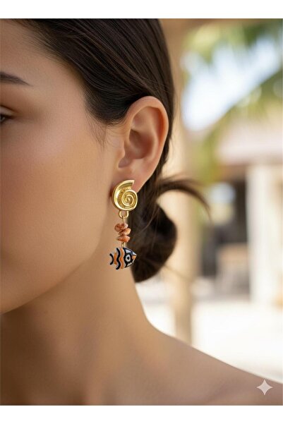 Pelin Aksesuar أقراط حلزونية مرصعة بالأسماك الاستوائية والمرجان