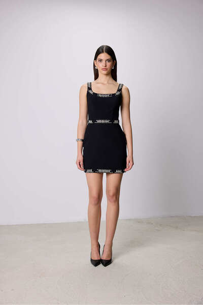 Angle Create Kalın Askılı Taş İşleme Detaylı Mini Elbise