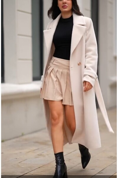 EsSo butik Women's Double-Breasted Collar Belted Fox Fabric Long Coat