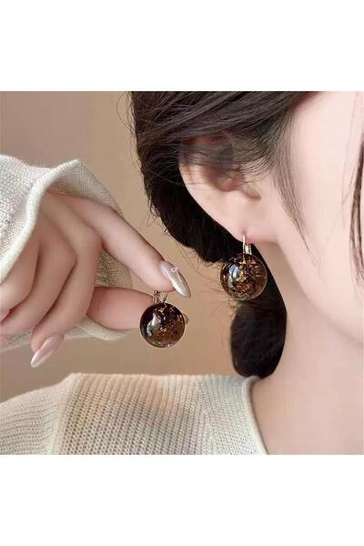 Pelin Aksesuar Kahverengi Simli Reçine Top Küpe