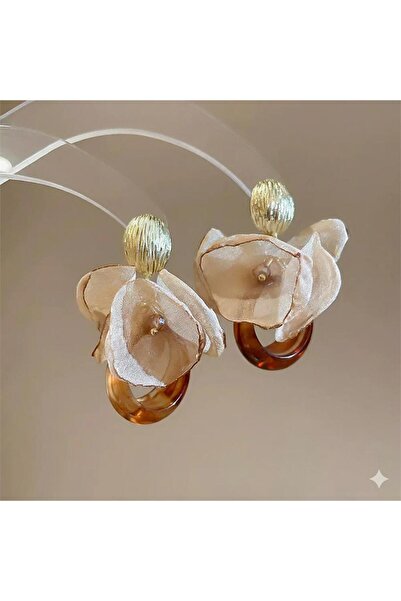 Pelin Aksesuar Cream Color Tulle Floral Brown Hoop Dangle Earrings