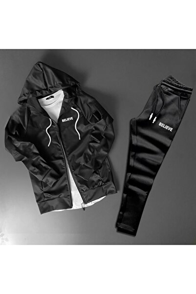 NOFLEN Believe Printed Pocket Zippered Scuba Tracksuit Set