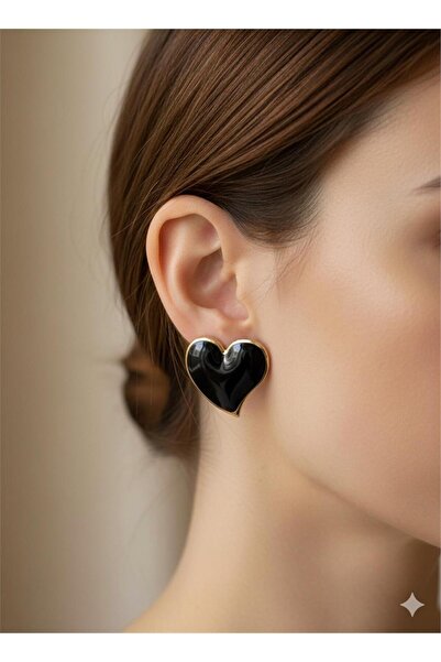 Pelin Aksesuar Black Heart Steel Earrings