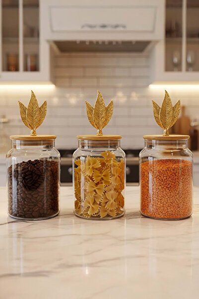 Jenisa Set of 3 Leaf Figured Jars with Bamboo Lids - Medium Size Storage Container 890ml