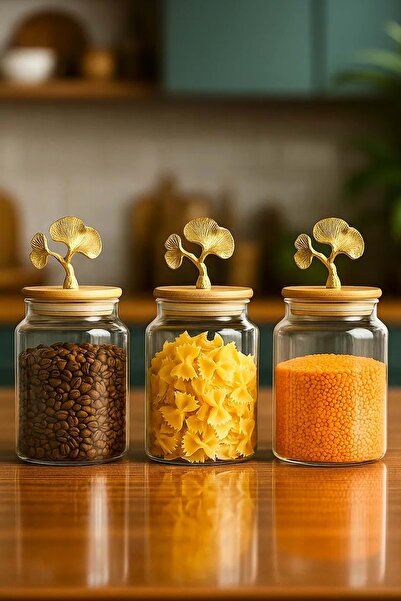 Jenisa Set of 3 Bamboo Lid Ginkgo Figured Jars - Medium Size Storage Container 890ml