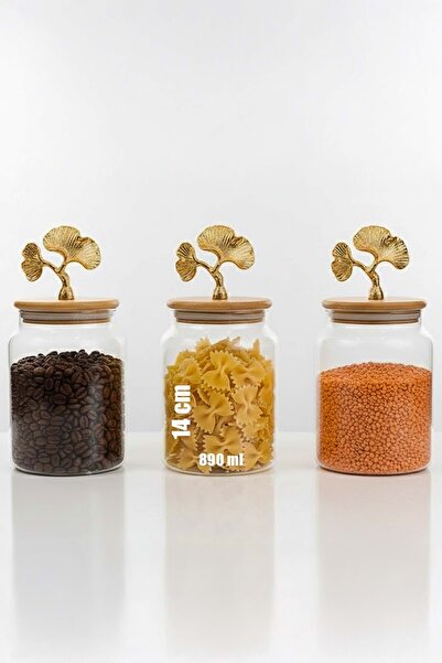 Jenisa Set of 3 Bamboo Lid Ginkgo Figured Jars - Medium Size Storage Container 890ml