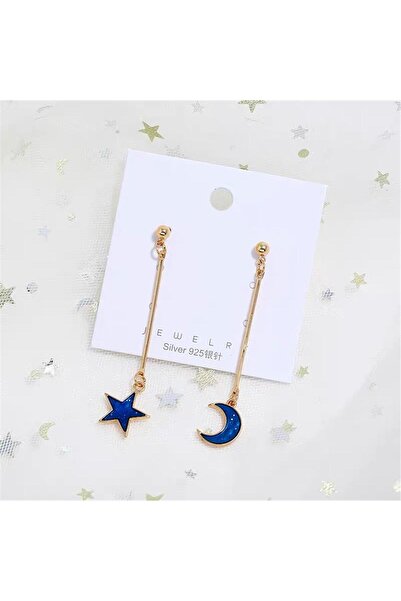 Pelin Aksesuar Mavi Mineli Yıldız ve Ay Uzun Çubuk Sallantılı Küpe