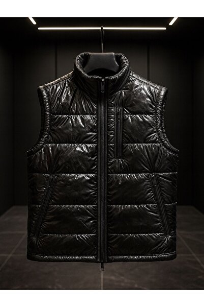 AĞIRTAŞ Erkek Siyah Parlak Ray Desen Şişme Yelek Polar İç Astarlı Kışlık Prem...