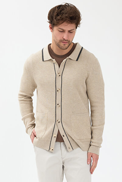 Frappoli Loix Men's Beige Cotton Blend Thessaloniki Knitted Cardigan with Pocket Pockets