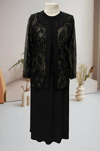 HESNA Black Deck Large Size Jacket Lace Mother Evening Dress Set