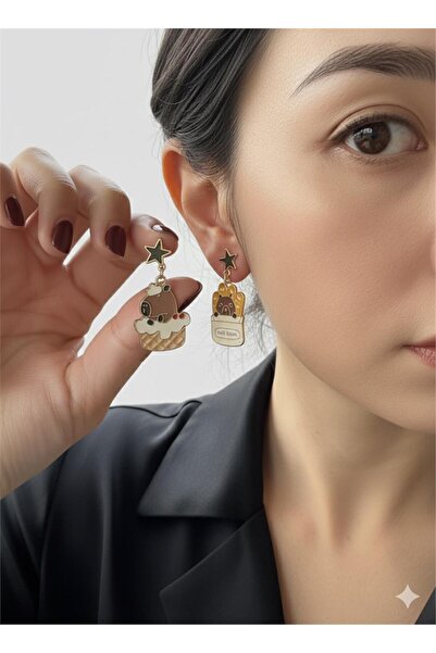 Pelin Aksesuar Sallantılı Yıldızlı Patates ve Dondurma Kapibara Küpe