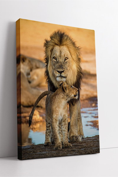 KOSS Dijital Ilustrație naturală a tatălui leu și a puiului, în tonuri calde, cu tematică de safari, pictură pe pânză, decor de perete