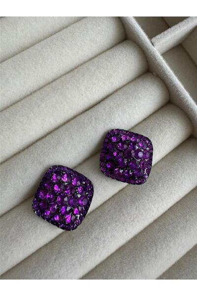 Pelin Aksesuar Mor Zirkon Taşlı Kare Çivili Abiye Küpe