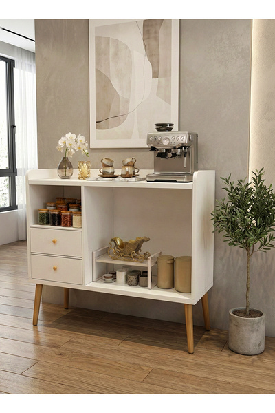 AGD خزانة ركن القهوة، طاولة تخزين جانبية مع أدراج 100*35*80 سم لون أبيض