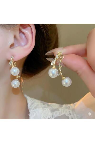 Pelin Aksesuar Beyaz İncili Gold Dal Motifli Hayalet Küpe