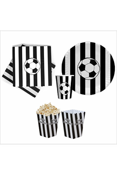 ZENVİVA Fan Black and White Set: 8 Plates, 8 Cups, 10 Napkins, 8 Corn Boxes