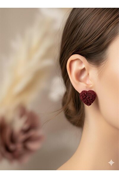 Pelin Aksesuar Burgundy Curly Wire Textured Heart Earrings