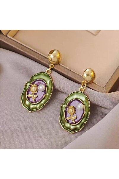 Pelin Aksesuar Yeşil ve Mor Mineli İncili Gül Motifli Vintage Küpe