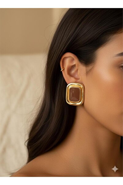 Pelin Aksesuar Kahve Rengi Mineli Gold Kenarlı Dikdörtgen Küpe